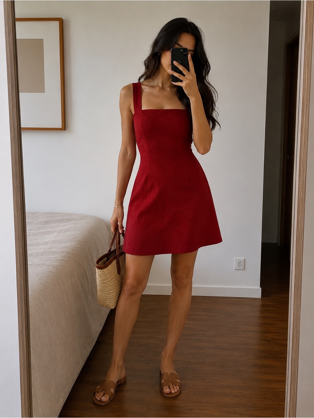 Theory Minimalist Square Neck Mini Dress Cherry Red Linen Blend Size US 8 NWT
